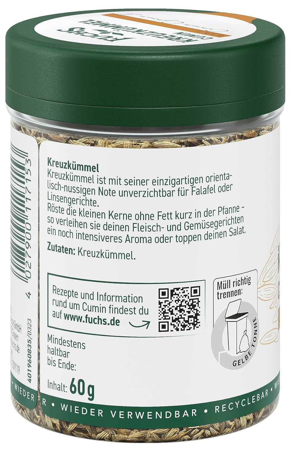 Fuchs Gewürze - Kreuzkümmel ganz - orientalisch-nussige Note für Falafel und Linsengerichte - naturalne składniki - 60 g w wiederverwendbarer, recyclebarer Dawka