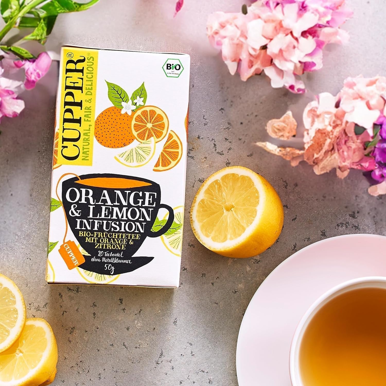 CUPPER Organiczna herbata owocowa „Napar pomarańczowo-cytrynowy”, 20 niebielonych torebek herbaty, organiczna, sprawiedliwego handlu