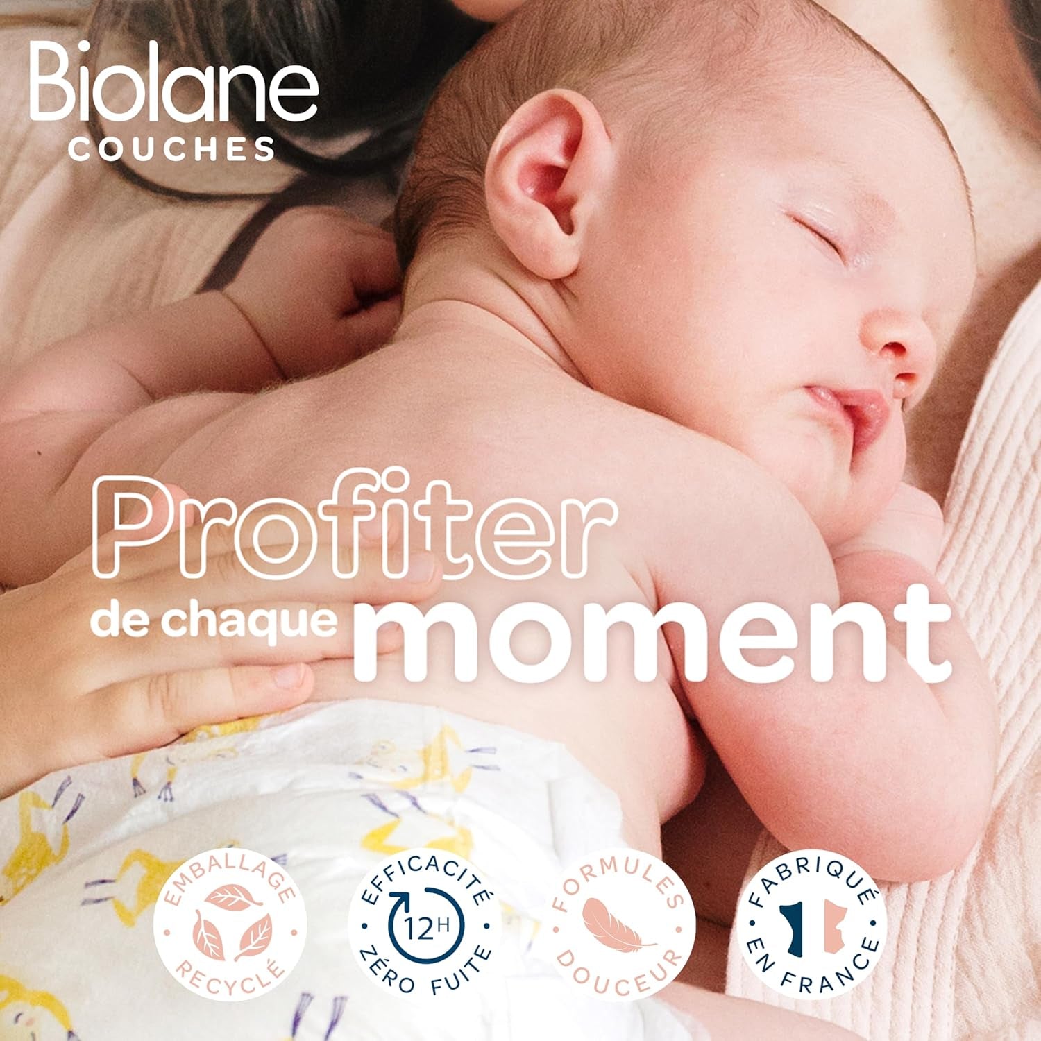 BIOLANE - Pieluszki krótkie - Rozmiar 5 (12-18 kg) - Szczelność 12 godzin - Opakowanie na 1 miesiąc - 120 pieluszek - ekologiczne