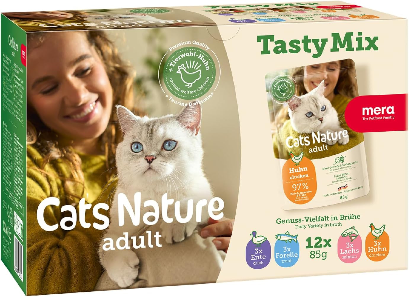 MERA Cats Nature Adult Tasty Mix Premium mokra karma dla kotów 12x85g | Bez cukru i bez zbóż | Mokra karma dla dorosłych kotów o dużej zawartości mięsa | Pakiet Ekonomiczny