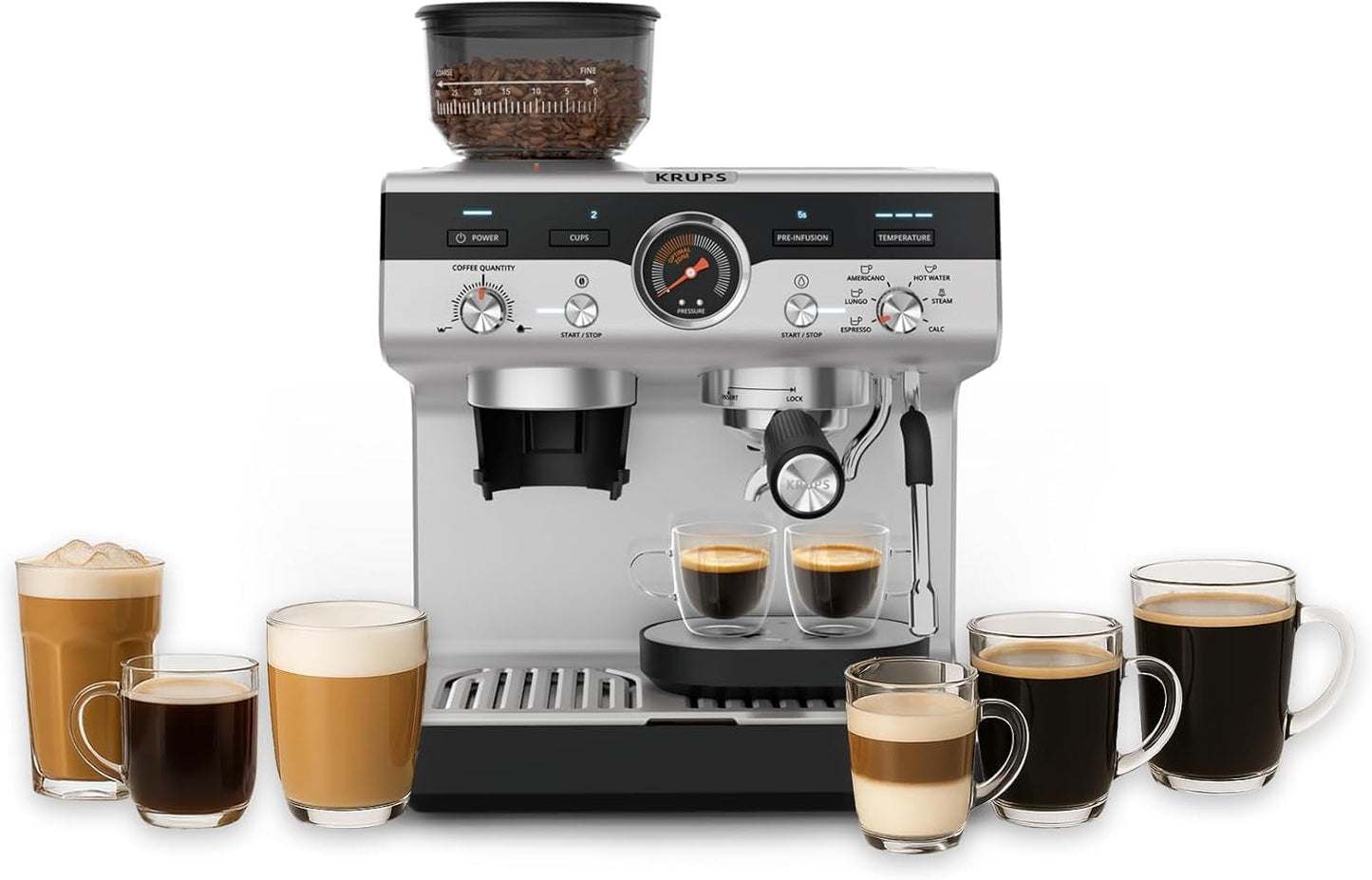 Ekspres ręczny Krups Precision z kolbą i młynkiem, ekspres barista z intuicyjnym panelem sterowania, ustawieniami wstępnego zaparzania, ekspres z dyszą parową, szybkie nagrzewanie, XP801T10