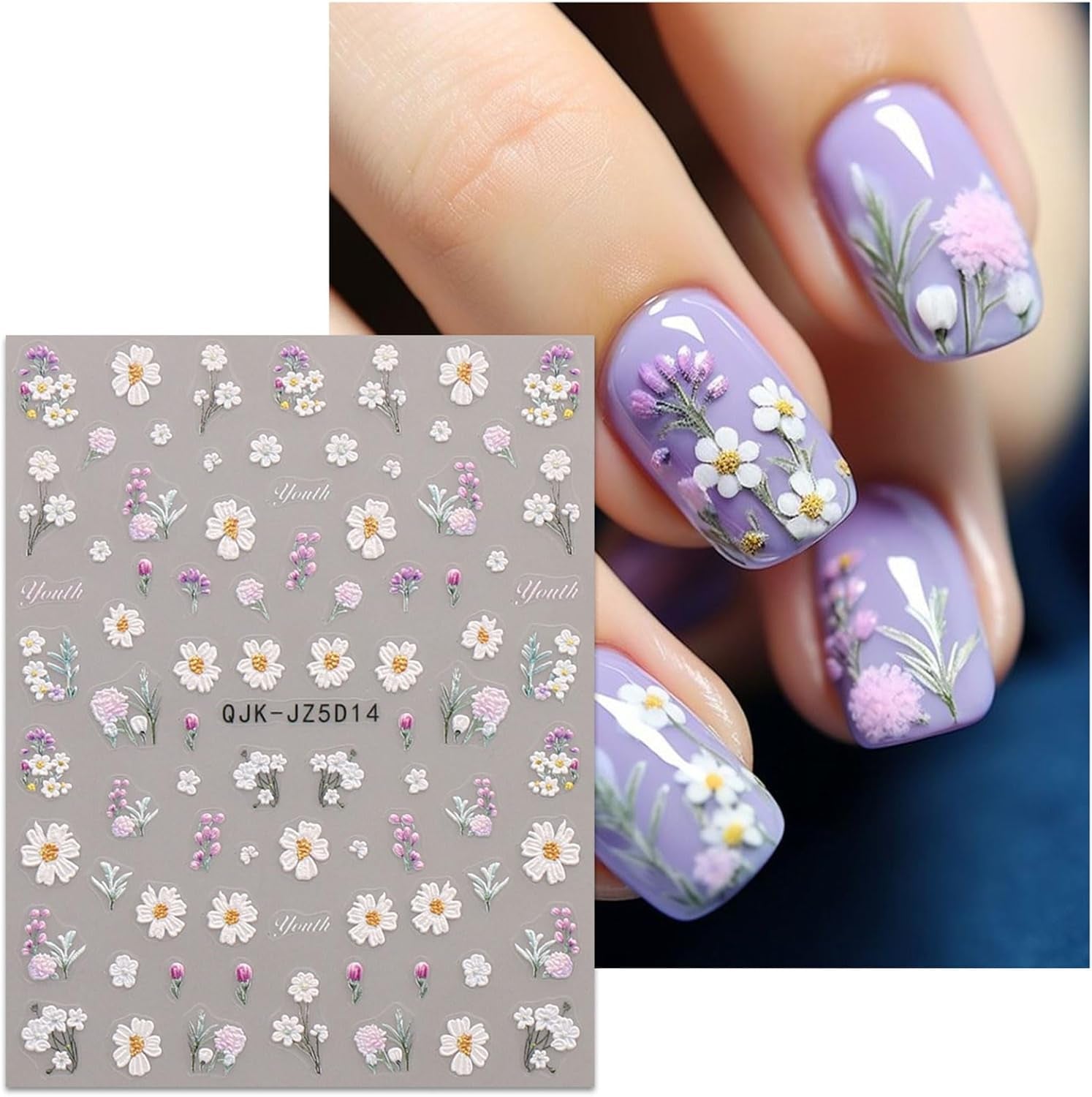 JMEOWIO 3D Nagelsticker Blumen Nail Art Naklejka Selbstklebend Nagelaufkleber 5D Stereoskopisch Sommer Frühling Blumen Dekoration Nageldesign Zubehör 4 Blatt