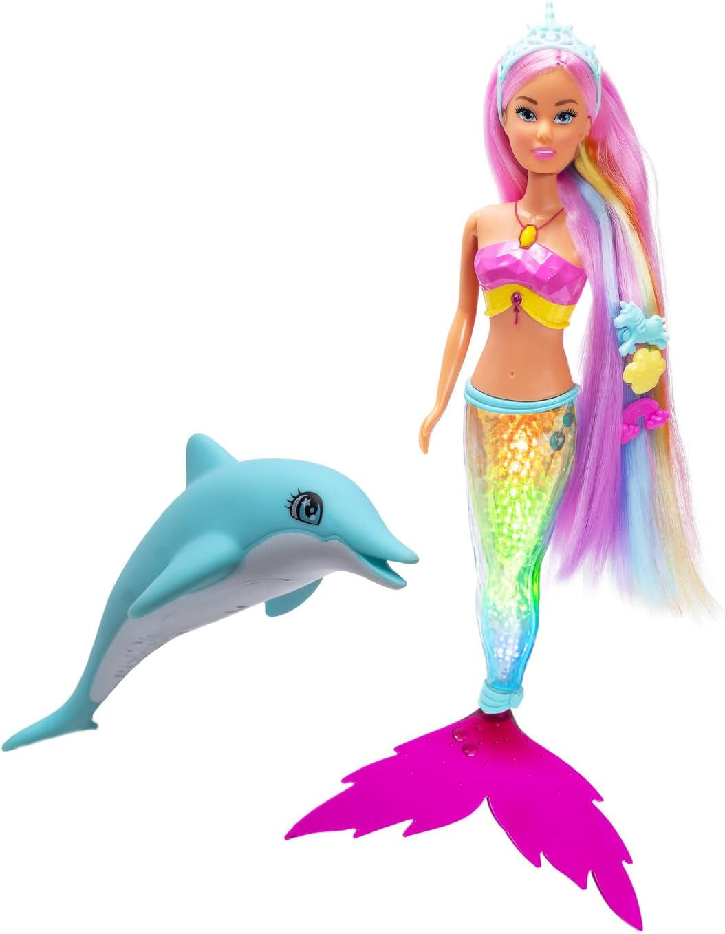 Simba Steffi Love Syrena – lalka syrenka z funkcją tęczowego światła, bardzo długimi włosami, figurką delfina i spinkami do włosów, wysokość 39 cm, funkcja „Wypróbuj mnie”, wiek 3+