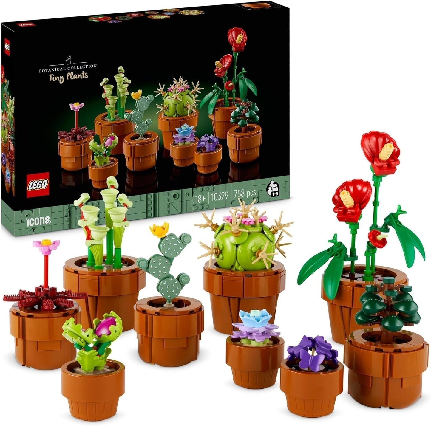 Mini rośliny LEGO Icons, 9 sztucznych kwiatów do zbudowania, zestaw botaniczny dla dorosłych z doniczkami z terakoty do zbudowania, dekoracje domu, prezent dla kobiet i mężczyzn 10329 Zestawy do budowania Besuche den LEGO-Store Mini Plants