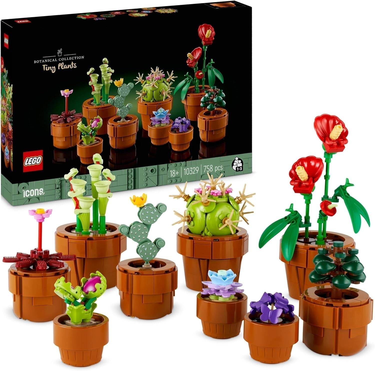 Mini rośliny LEGO Icons, 9 sztucznych kwiatów do zbudowania, zestaw botaniczny dla dorosłych z doniczkami z terakoty do zbudowania, dekoracje domu, prezent dla kobiet i mężczyzn 10329 Zestawy do budowania Besuche den LEGO-Store Mini Plants