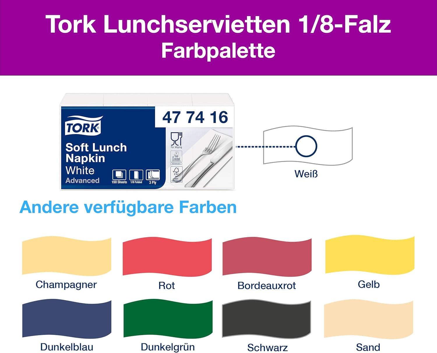 Tork miękka serwetka obiadowa biała, złożona w 1/8, 3 warstwy, 33 cm × 33 cm, 150 serwetek, 477416