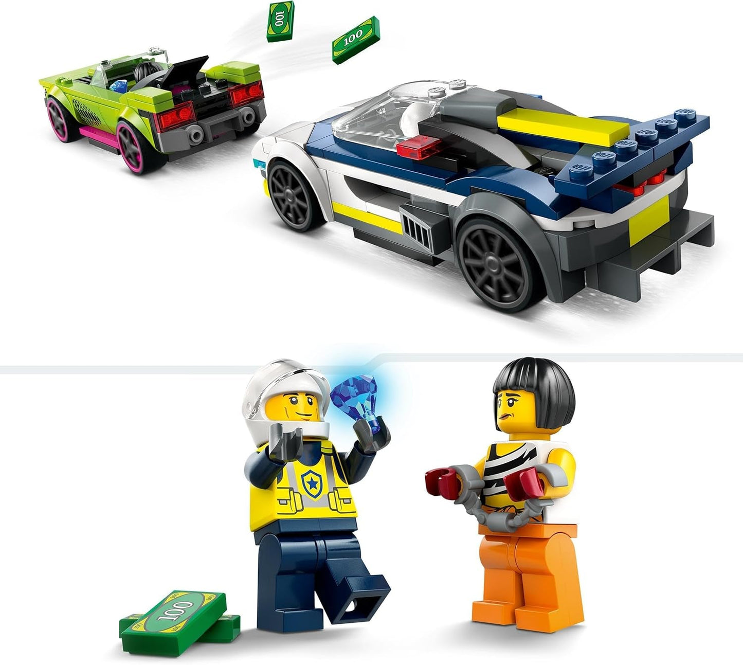 LEGO City Pościg samochodowy z radiowozem i mięśniakiem, zabawkowy pociąg z 2 samochodami wyścigowymi, prezent policyjny dla dzieci, chłopców i dziewcząt od 6 lat, zestaw z policjantem i minifigurkami Ganovinem 60415 Zestawy do budowania Besuche den LEGO-Store