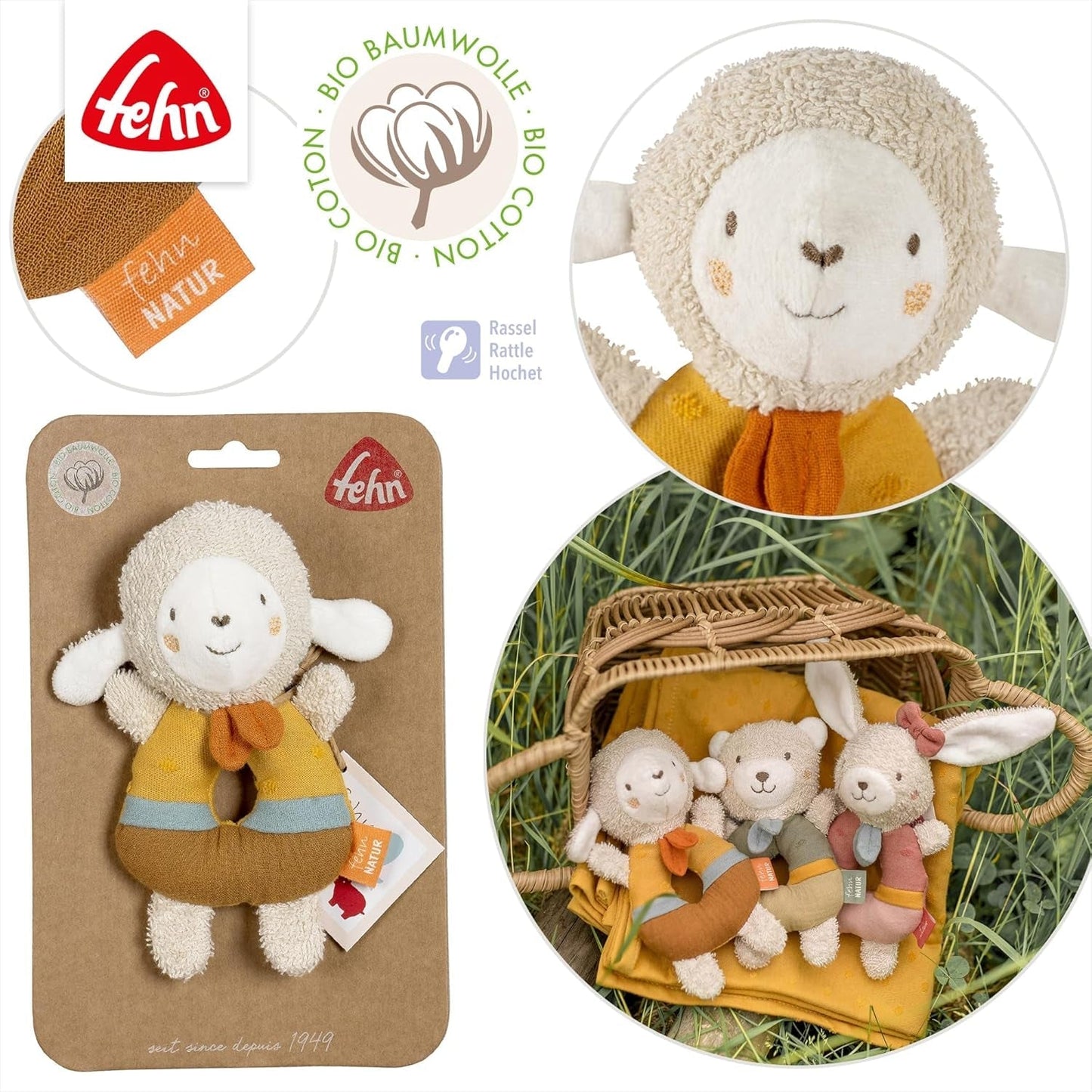 Fehn baby ring ring zabawka owieczka fehnNATUR - pluszowa zabawka z bawełną organiczną - zabawka dla dziecka z dzwonkiem i zabawną zabawką edukacyjną - zabawka na uchwyt dla niemowląt i małych dzieci od 0. miesiąca Baby Toys Naty Shop