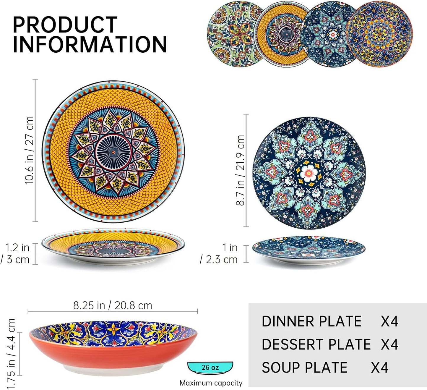 HENXFEN LEAD Porcelanowy zestaw obiadowy, 12-częściowy zestaw obiadowy dla 4 osób, kolorowy zestaw obiadowy dla 4 osób - ręcznie malowane talerze, talerze deserowe, talerze do zupy - styl boho