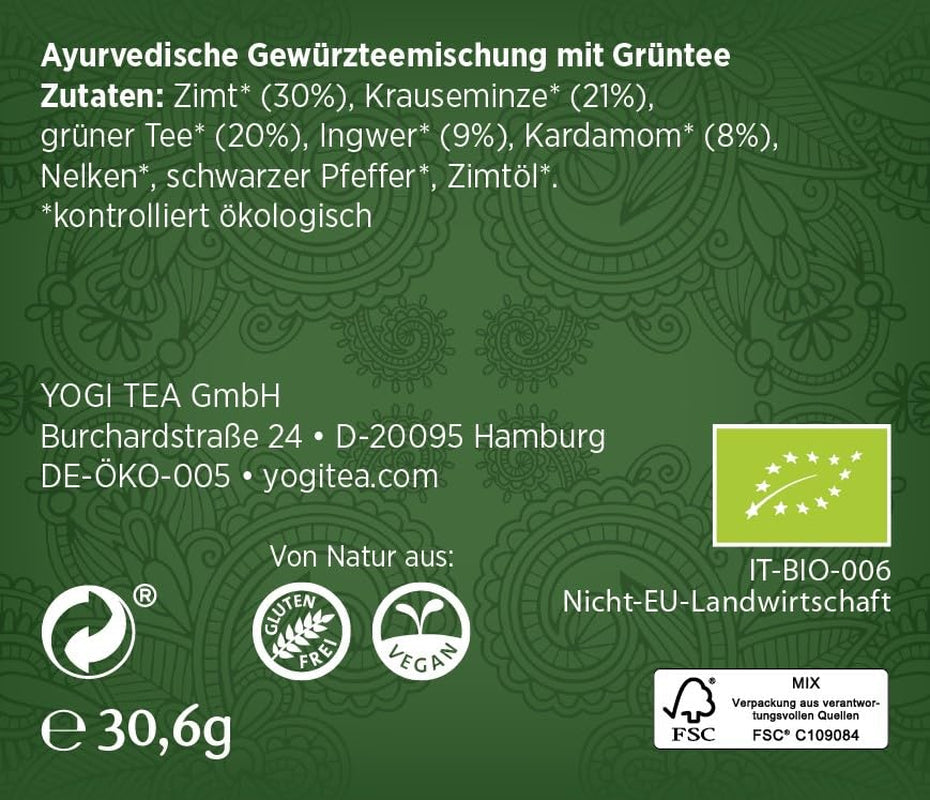 Yogi Tea Green Chai, organiczna herbata ajurwedyjska z przyprawami, mieszanka cynamonu, mięty, zielonej herbaty, imbiru, kardamonu i goździków, 6X17 torebek na herbatę (łącznie 102 torebek na herbatę)