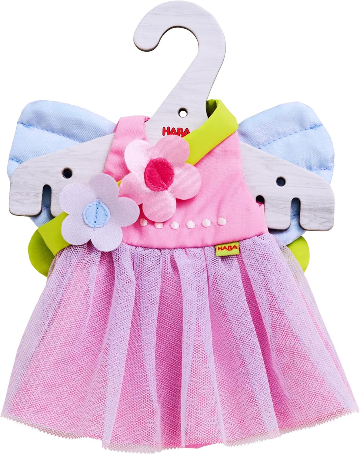Ubranka dla lalek HABA Fairy Magic - 2-częściowy zestaw dla lalek w wieku 18 miesięcy i więcej (30 cm) - tiulowa sukienka ze skrzydełkami, w komplecie kwiatowa opaska do włosów - 1306243001