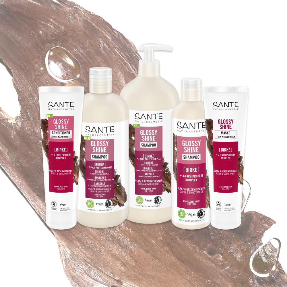 SANTE Naturkosmetik Glossy Shine Mask organiczny ekstrakt z liści brzozy + 3x kompleks białkowy, niezawierająca silikonu i nawilżająca maska do włosów, wegańska pielęgnacja włosów zapewniająca większy połysk i elastyczność, 150 ml Naty Shop Hair Mask