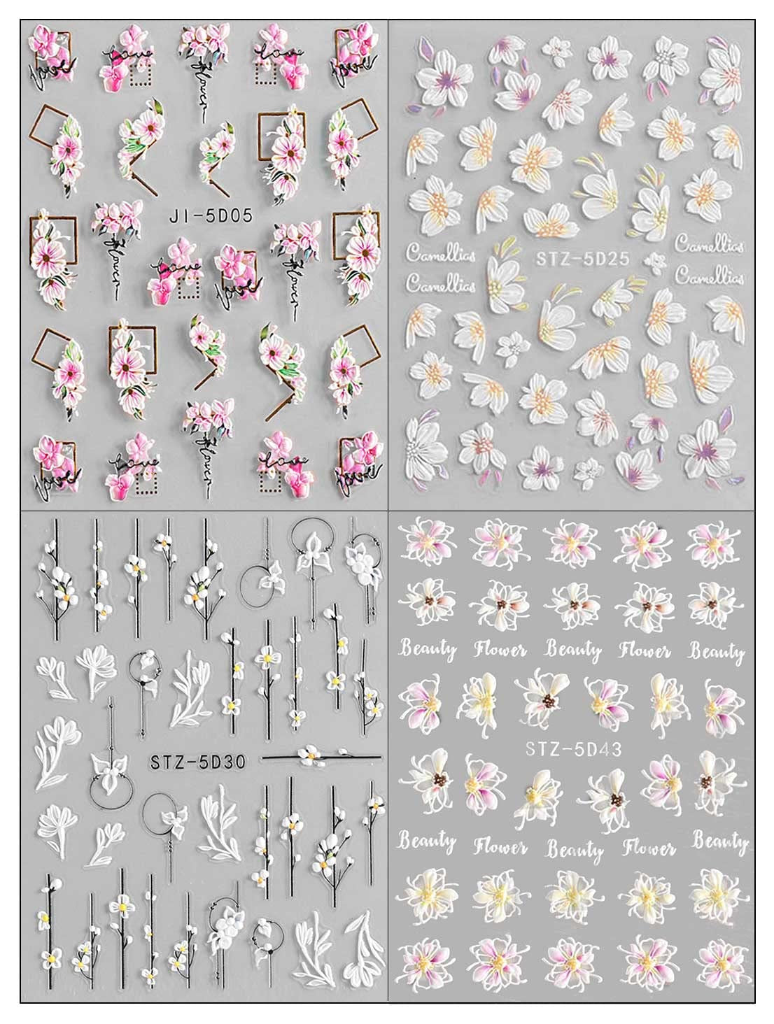 JMEOWIO 3D Nagelsticker Frühling Blume Nail Art Naklejka Selbstklebend Nagelaufkleber 5D Stereoskopisch Blumen Dekoration Nageldesign Zubehör 4 Blatt