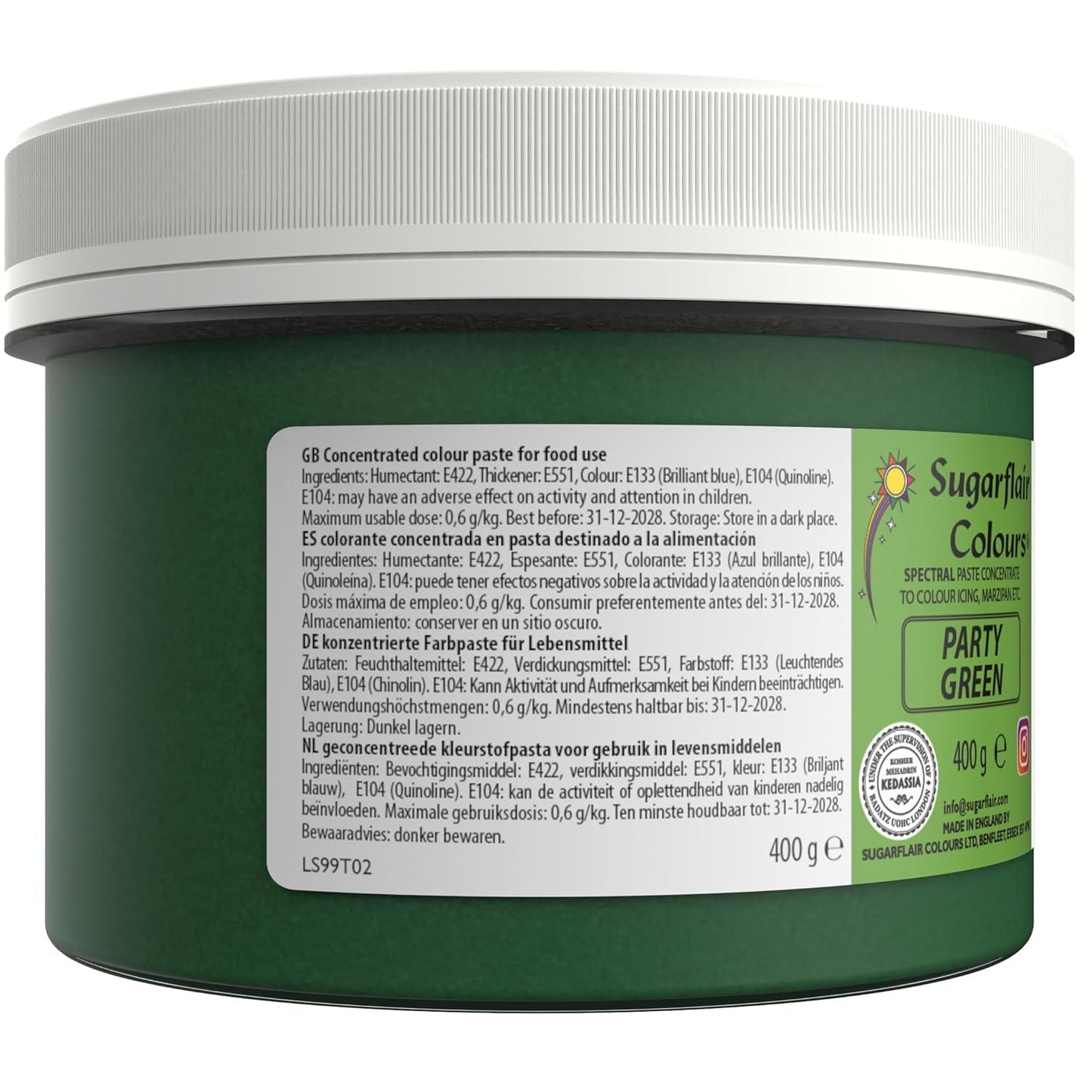 Sugarflair Partygreen Pasta Barwnik spożywczy, Barwnik spożywczy z kremem i marcepanem, Makaron skoncentrowany Spectral - 400g