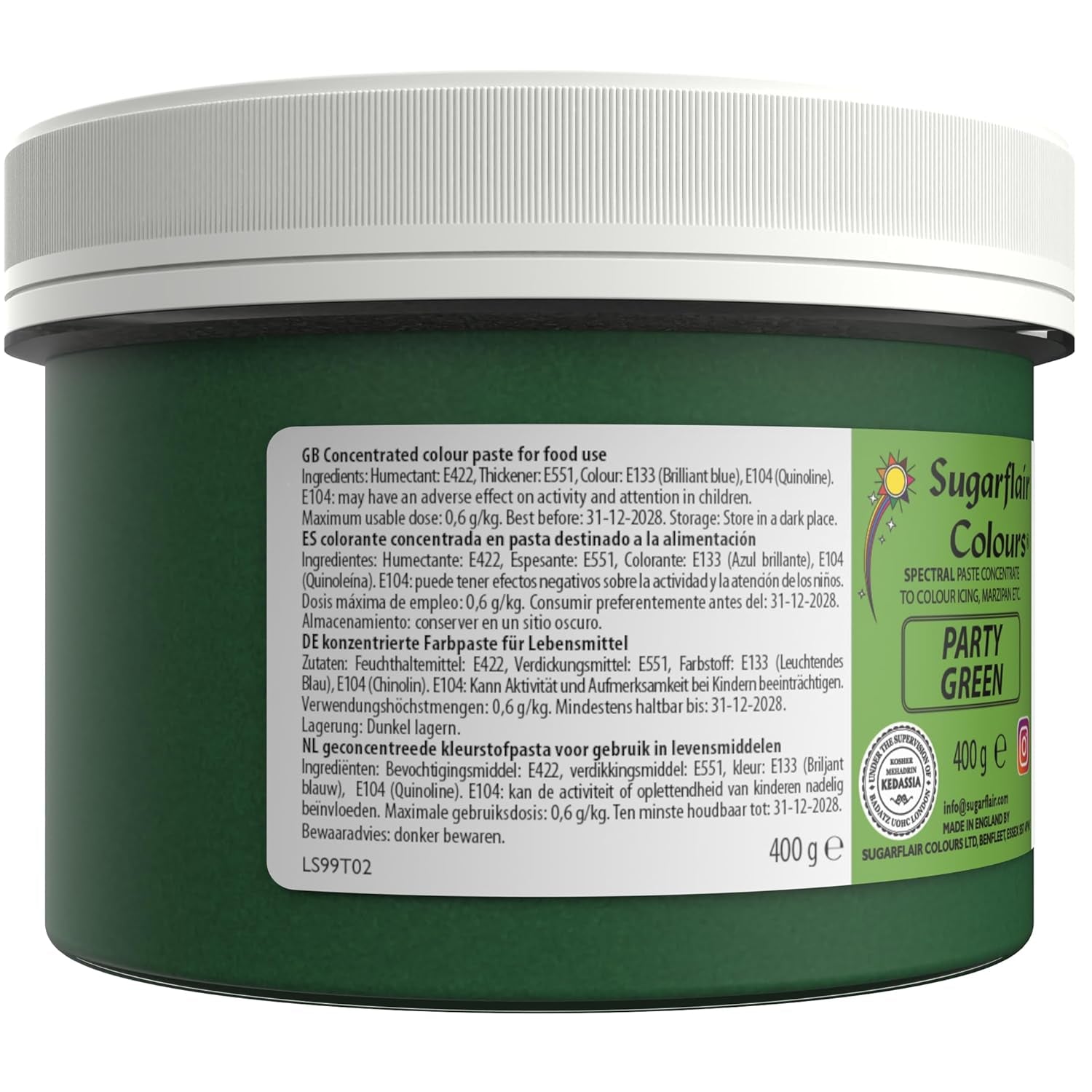 Sugarflair Partygreen Pasta Barwnik spożywczy, Barwnik spożywczy z kremem i marcepanem, Makaron skoncentrowany Spectral - 400g