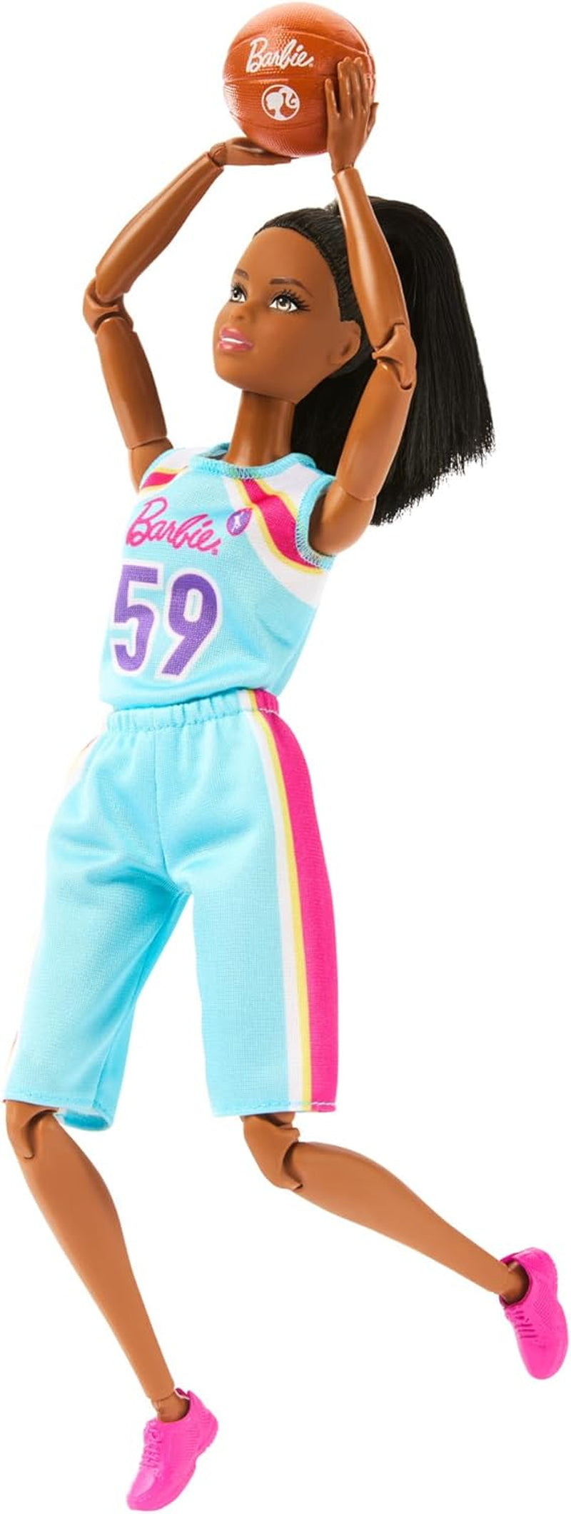 Barbie Made to Move Lalka i akcesoria, Brunetka koszykarz z odpinaną sportową sukienką i piłką, 22 przeguby, HKT74