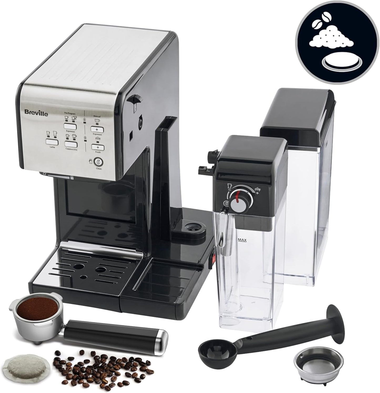 Espresso Breville Prima Latte II | Ekspres do latte i cappuccino | Profesjonalna pompka z 15 barami i spieniaczem do mleka | Srebrny [VCF108X]