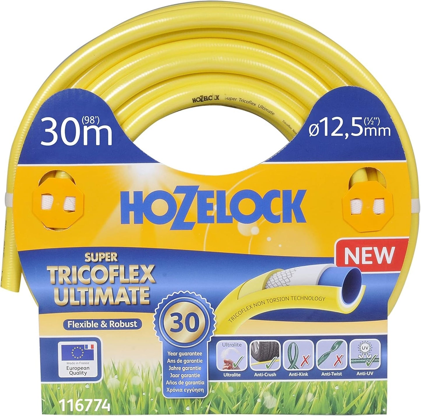 HOZELOCK - Wąż Super Tricoflex Ultimate Ø 12,5 mm (1/2") 30 m: lekki, wytrzymały i stabilny wymiarowo wąż ogrodowy z technologiami „TNT Non Torsion” i „Soft&Flex”, 40% PVC z recyklingu [116774]