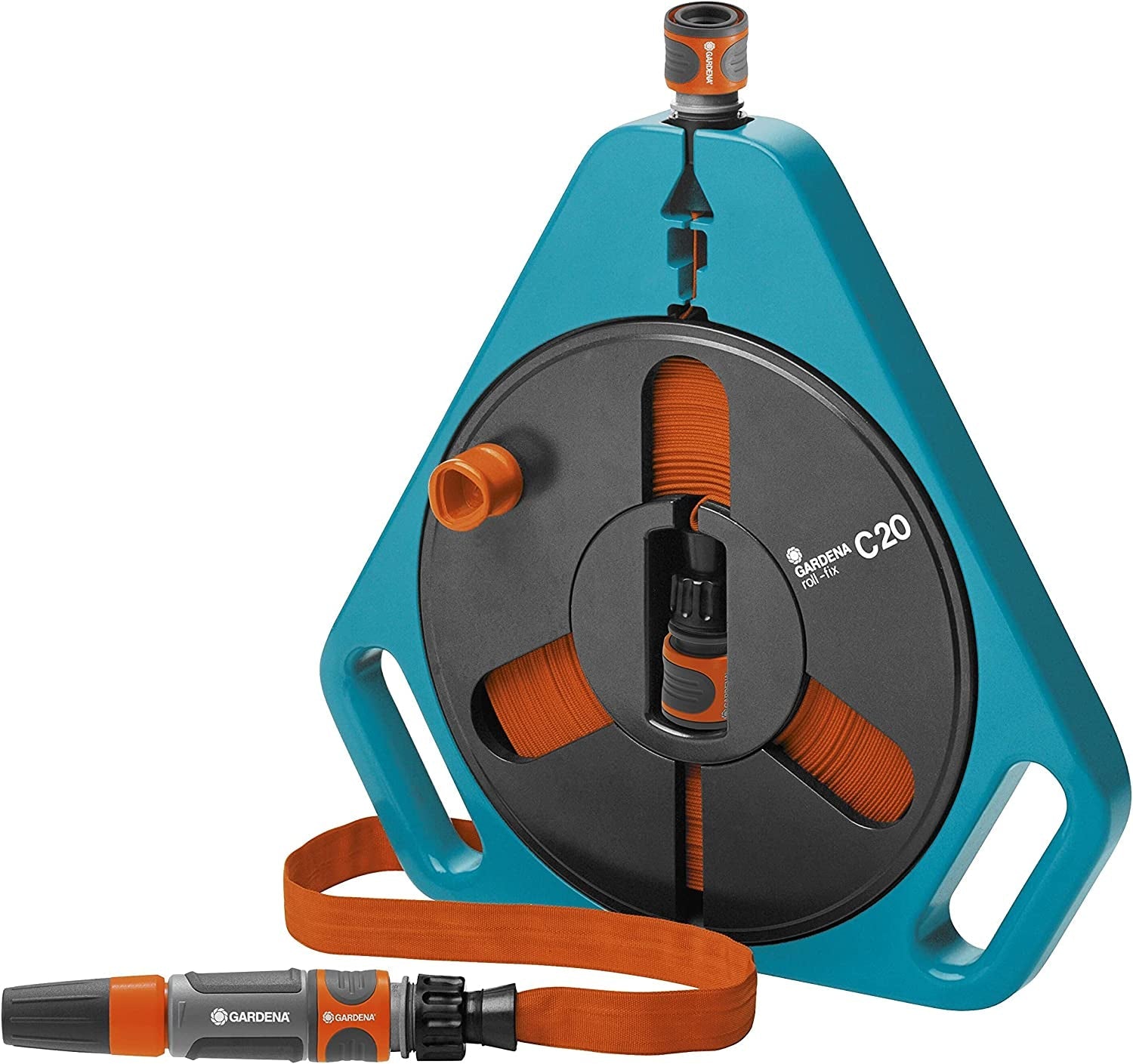 Gardena Original Classic wąż płaski typu roll-fix 15m: Ekonomiczny pojemnik na wąż z wężem wodnym (o średnicy 12 mm w pudełku), automatyczny mechanizm zabezpieczający, w komplecie. dysza natryskowa z urządzeniami przyłączeniowymi (756-20)