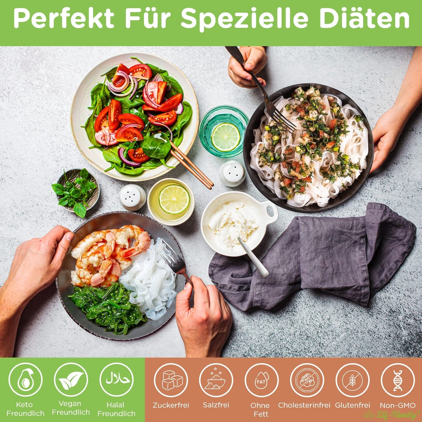 Elf-Family 6 pudełek (12 szt.) Organiczny makaron Konjac o bardzo niskiej zawartości węglowodanów Shirataki Wegański bezglutenowy – 1,62 kg, bez węglowodanów/keto/niskokaloryczny/beztłuszczowy/bez cukru Makaron instant – spaghetti i fettuccine