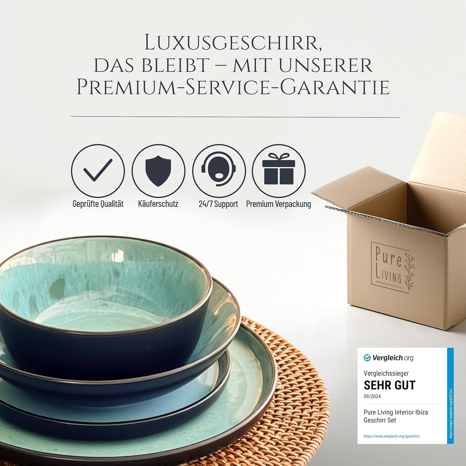 24-częściowy zestaw obiadowy z kamionki ceramicznej dla 6 osób, projekt Ibiza, ZWYCIĘZCA TESTU. Wspaniały śródziemnomorski zestaw zastawy stołowej obejmujący miski i talerze. Zestaw zastawy stołowej Pure Living w kolorze szałwiowej zieleni.