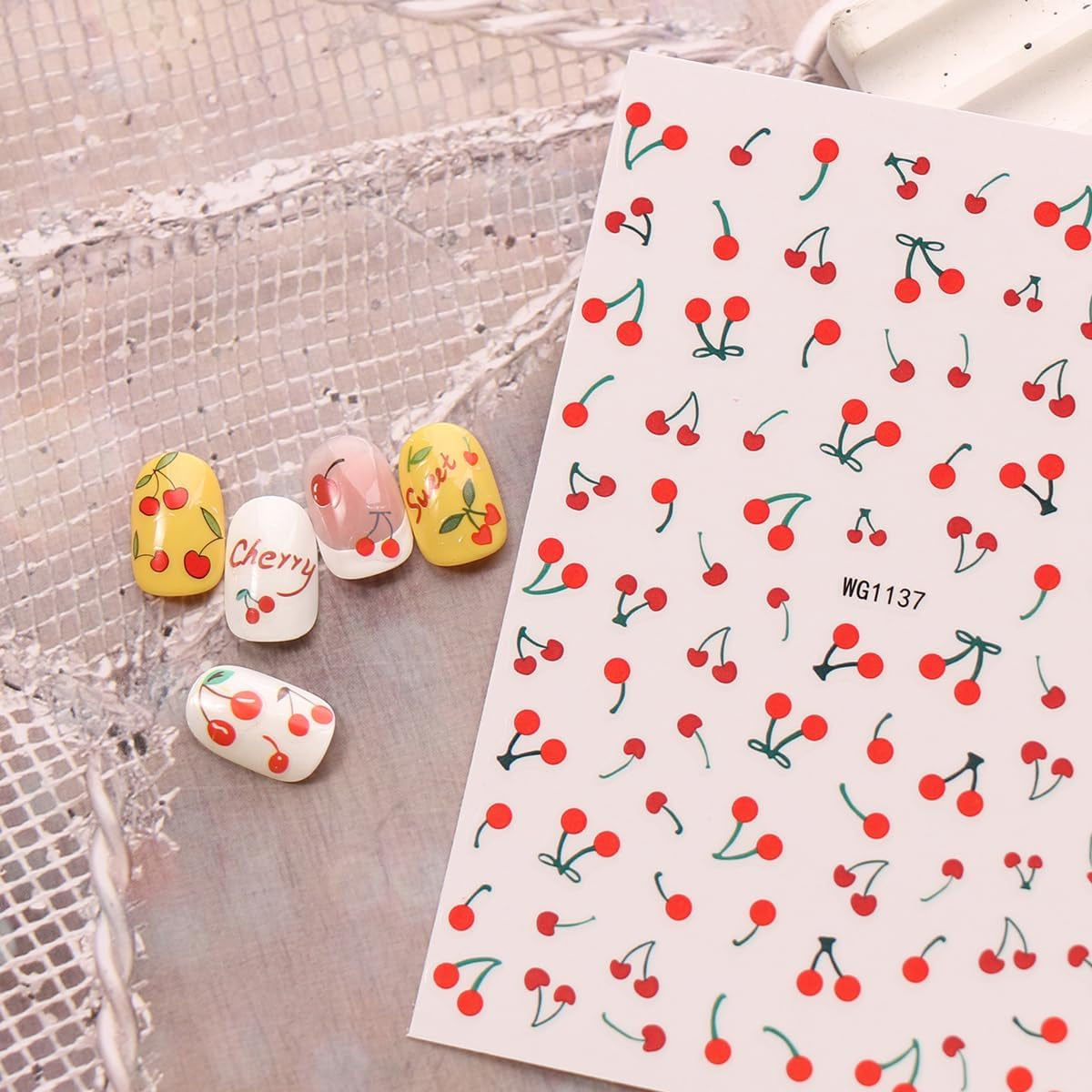 JMEOWIO Nagelsticker Kirschfrucht 6 Blatt Nail Art Naklejka Selbstklebend Nagelaufkleber Dekoration Nageldesign Zubehör