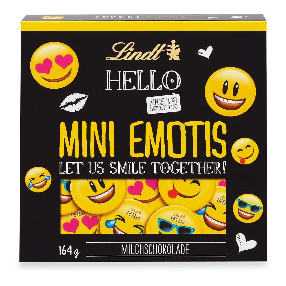Asortyment czekoladowy (37 kulek LINDOR, 24 patyczki Hello Mini, 10 Mini Fioretto), prezent czekoladowy (1 x 815 g) i HELLO Mini Emoti, mleczna czekolada w 5 wzorach emotikonów, 164 g