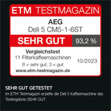 Ekspres AEG Deli 5, 1,5 l, programowalny timer, funkcja utrzymywania ciepła, wyłącznik bezpieczeństwa, wskaźnik poziomu wody, optymalne dozowanie, funkcja zapobiegająca kapaniu, stal nierdzewna, CM5-1-6ST