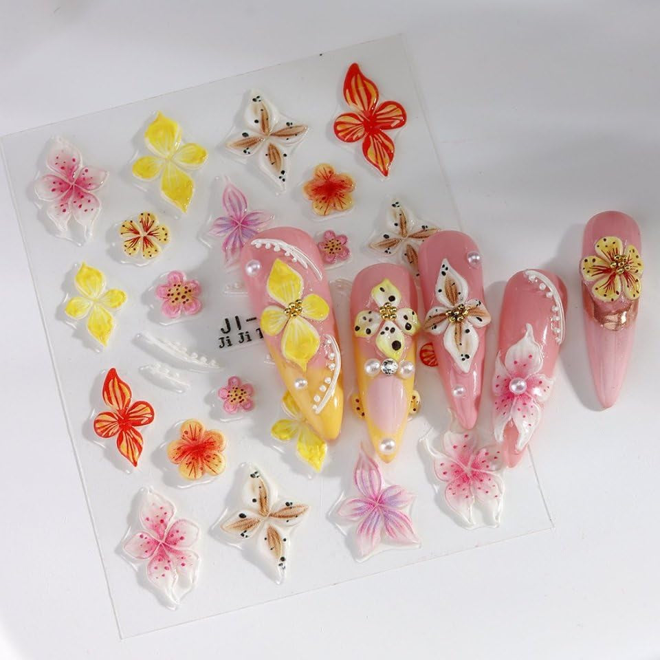 JMEOWIO 3D Nagelsticker Kolorowy kwiat Nail Art Naklejka Selbstklebend Nagelaufkleber 5D Stereoskopisch Wiosna Lato Kwiatowa dekoracja Nageldesign Zubehör 4 Blatt