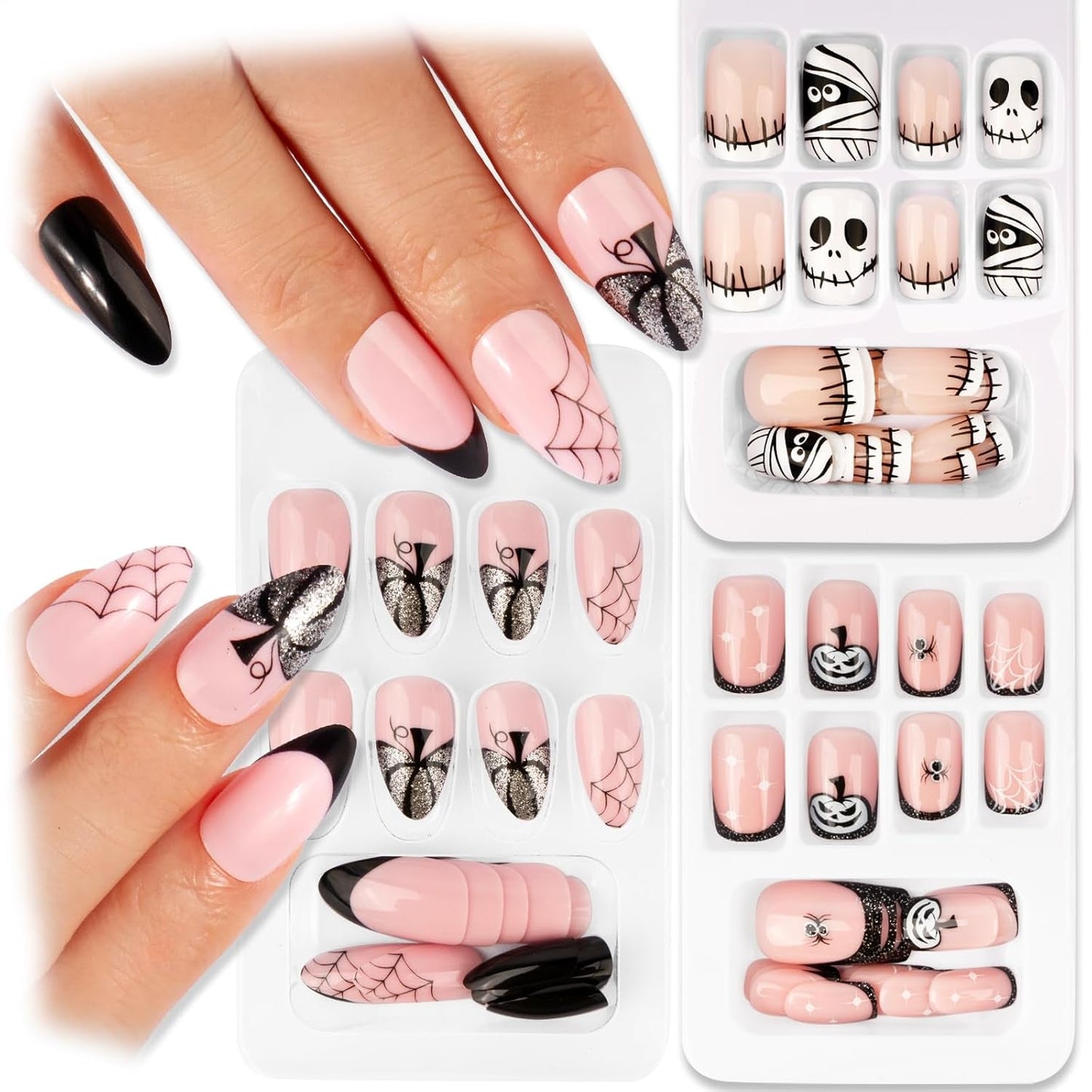 72 szt. Halloweenowe paznokcie Samoprzylepne sztuczne paznokcie Krótkie sztuczne paznokcie Samoprzylepne paznokcie prasowane Dyniowy duch Sztuczne paznokcie Porady Nail Art Pomarańczowy Zielony Czarny