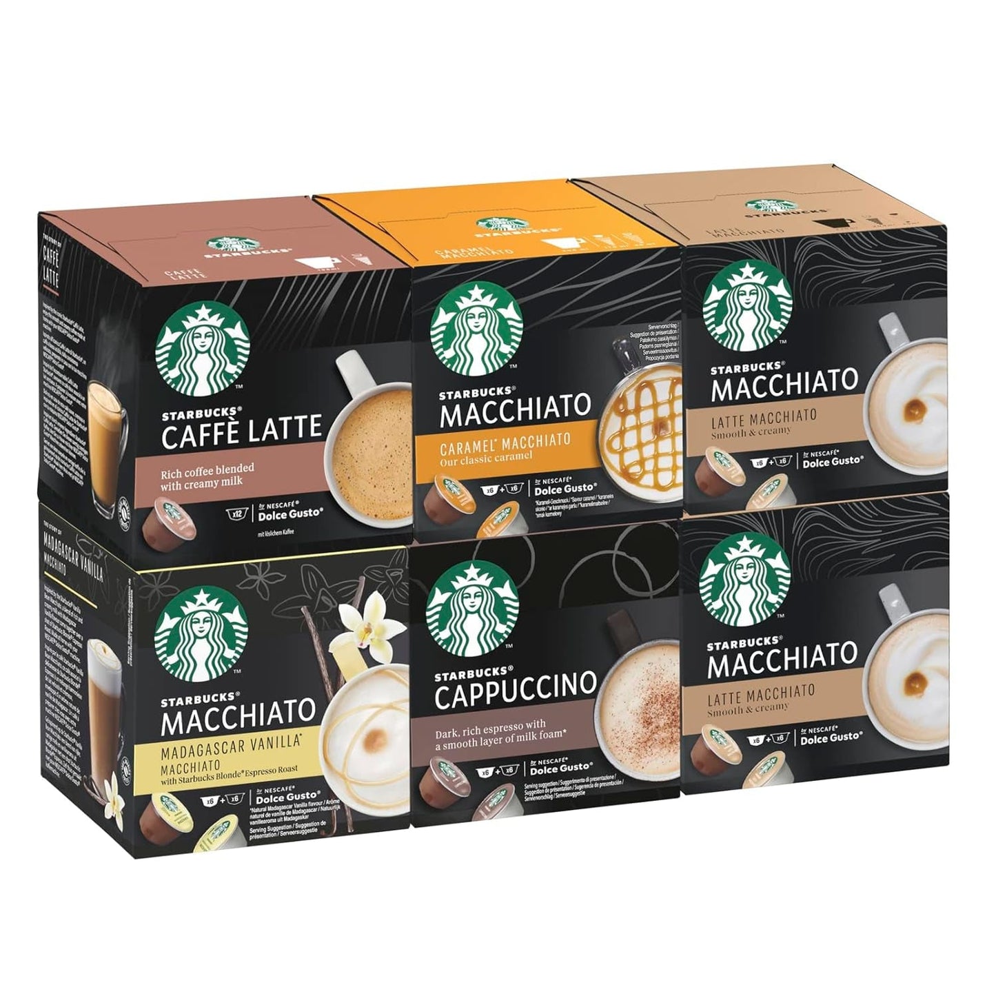 STARBUCKS Probierset, pakiet odmian White Cup firmy Nescafé Dolce Gusto Kaffeekapseln & Vanilla Macchiato firmy Nescafé Dolce Gusto Kaffeekapseln 6 x 12 (72 kapsułki, 36 porcji)