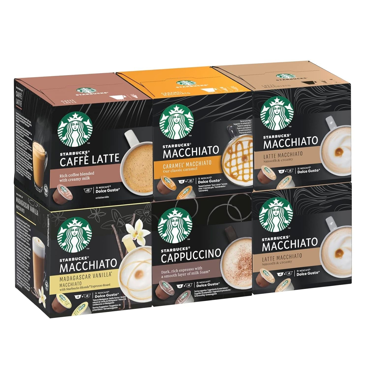 STARBUCKS Probierset, pakiet odmian White Cup firmy Nescafé Dolce Gusto Kaffeekapseln & Vanilla Macchiato firmy Nescafé Dolce Gusto Kaffeekapseln 6 x 12 (72 kapsułki, 36 porcji)