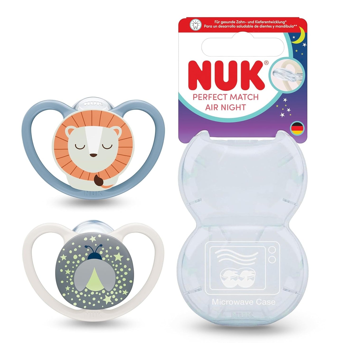 NUK Perfect Match Air Smoczki Nocne dla Niemowląt | 0-6 miesięcy | Świecące w ciemności smoczki, które wspomagają cyrkulację powietrza i zapobiegają ślinieniu się | 95% akceptacji przez dzieci** | Lew | Opakowanie 2