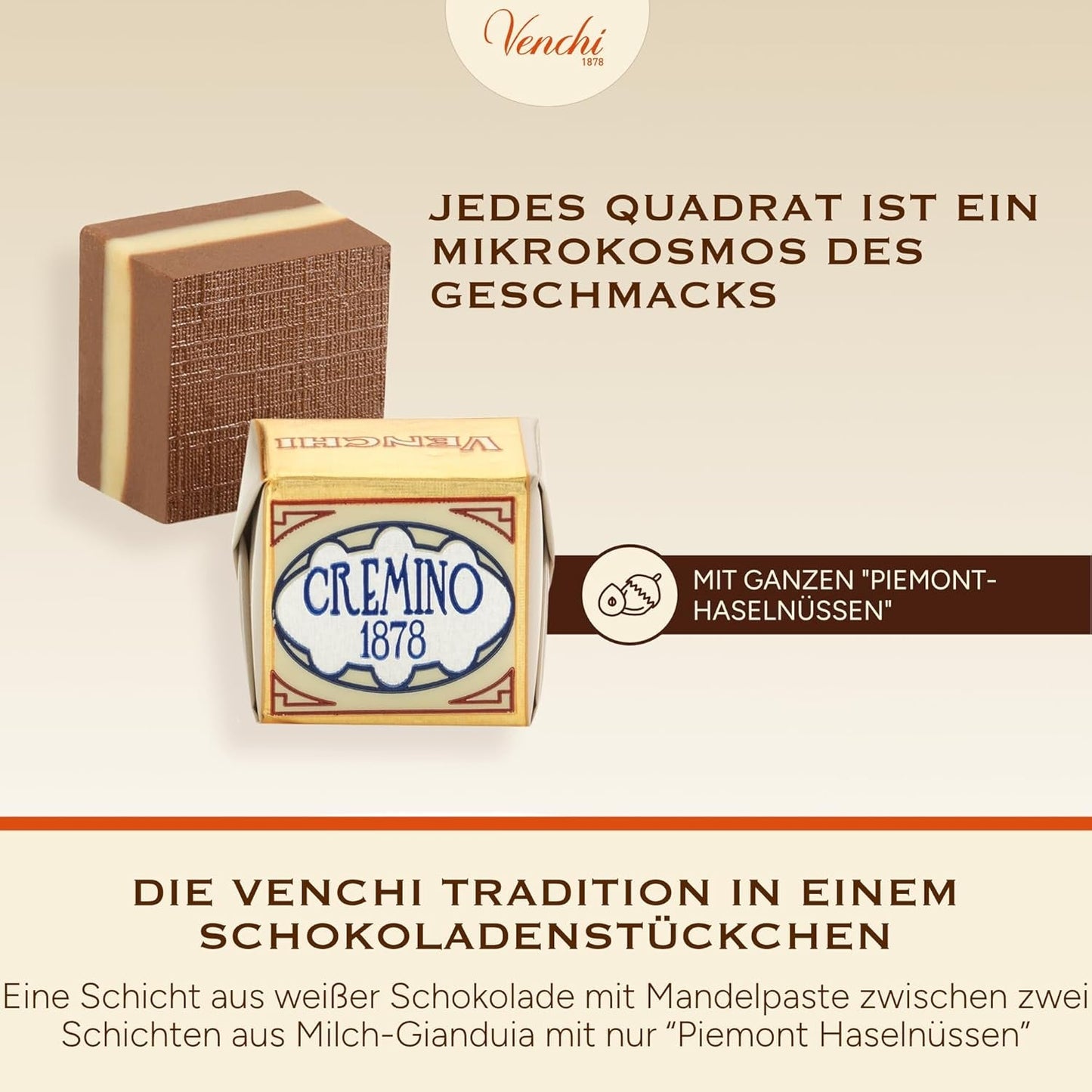 Venchi - Cremini 1878 - Czekolada trójwarstwowa z giandują z pastą mleczno-migdałową „Piemontese Hazelnuts ChOG”, 1 kg, bezglutenowa, bez barwników i konserwantów