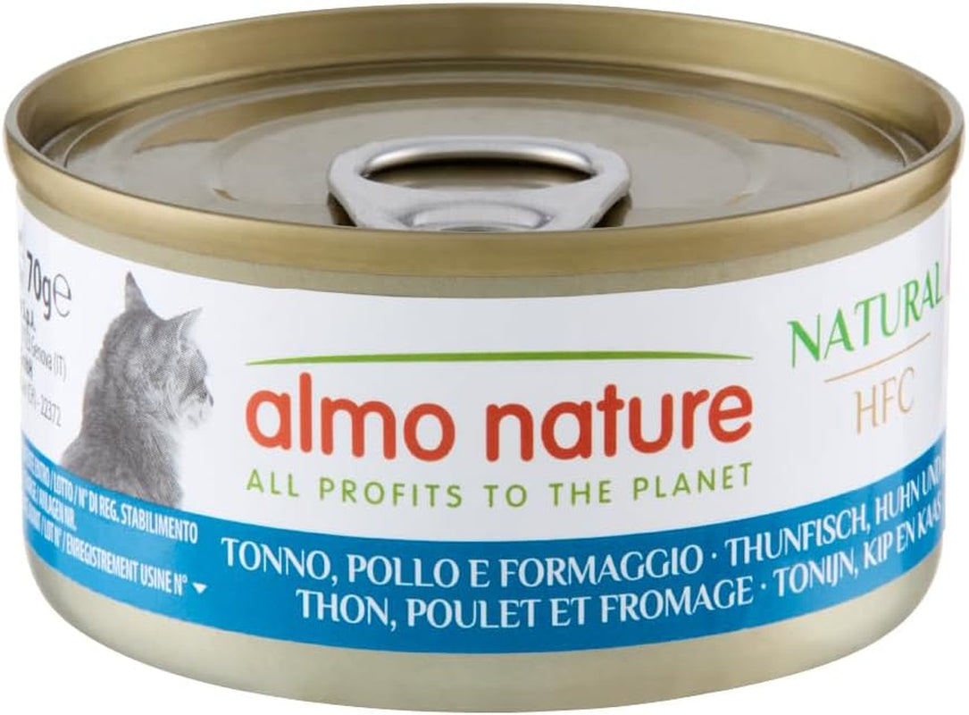 Almo Nature HFC Natural - Mokra karma dla dorosłych kotów - Tuńczyk, Kurczak i Ser - Jakość ludzka, Bezglutenowa - 6 x 70g