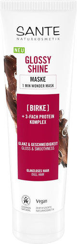 SANTE Naturkosmetik Glossy Shine Mask organiczny ekstrakt z liści brzozy + 3x kompleks białkowy, bezsilikonowa i nawilżająca maska do włosów, wegańska pielęgnacja włosów zapewniająca większy połysk i elastyczność, 150 ml Maska do włosów Naty Shop Nowość