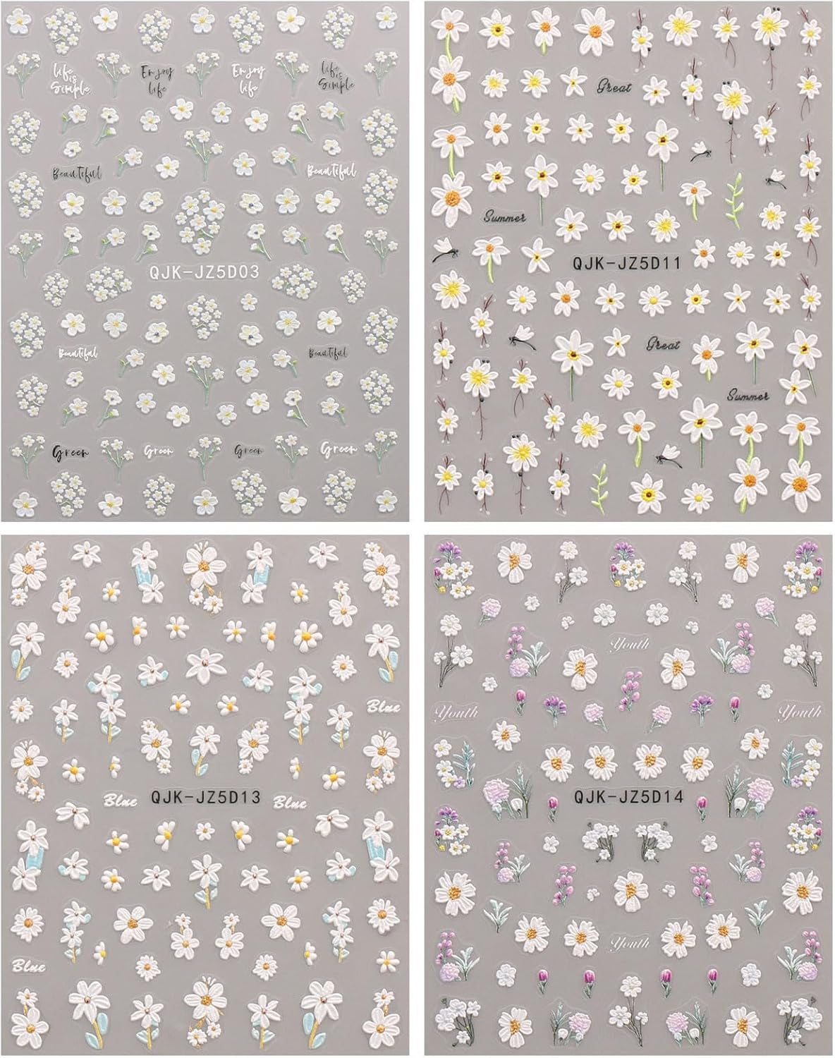 JMEOWIO 3D Nagelsticker Blumen Nail Art Naklejka Selbstklebend Nagelaufkleber 5D Stereoskopisch Sommer Frühling Blumen Dekoration Nageldesign Zubehör 4 Blatt