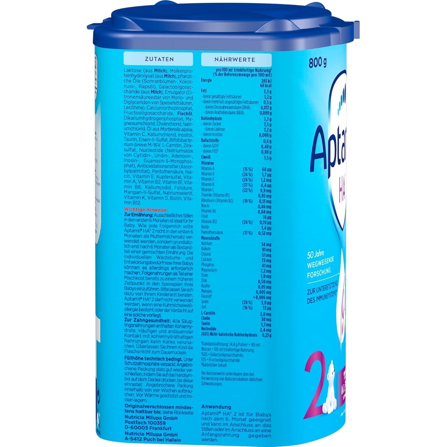 Aptamil HA 2 – Formuła dalsza po 6 miesiącach, z Omega 3 i 6, DHA, ARA i ALA, Bez laktozy, Bez oleju palmowego, Odżywka dla dzieci, Mleko w proszku, 1 x 800 g (opakowanie 4 szt.)
