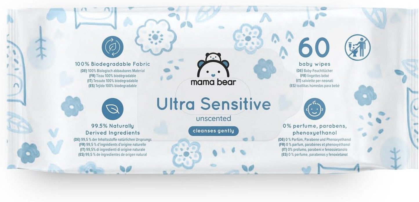 Mama Bear Ultra Sensitive Chusteczki dla niemowląt Bezzapachowe, 1008 szt. (18 opakowań po 60 szt.) Naty Shop
