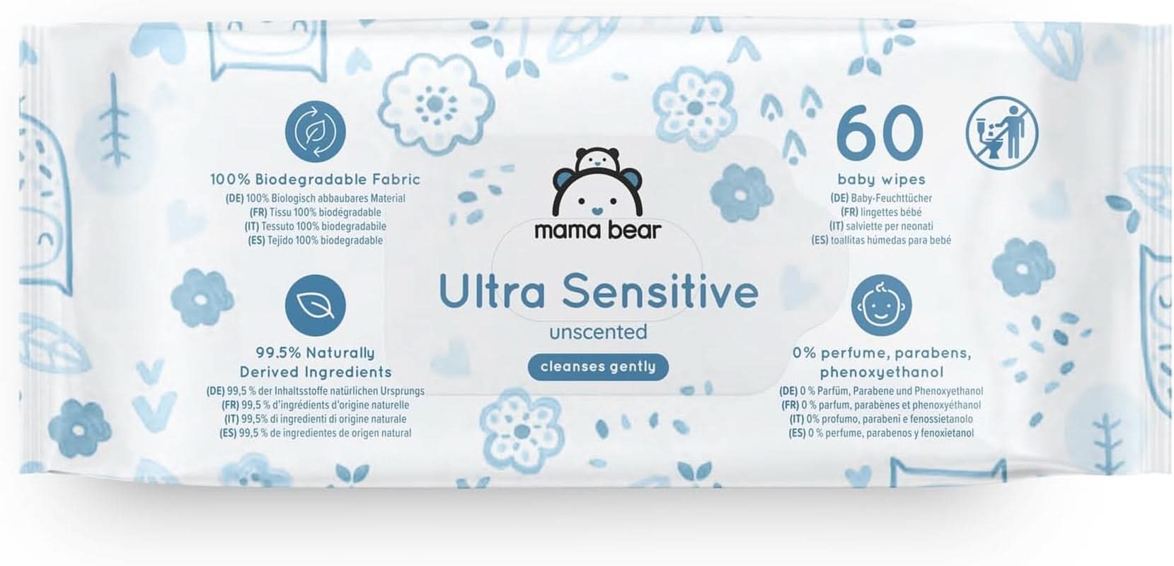 Mama Bear Ultra Sensitive Chusteczki dla niemowląt Bezzapachowe, 1008 szt. (18 opakowań po 60 szt.) Naty Shop