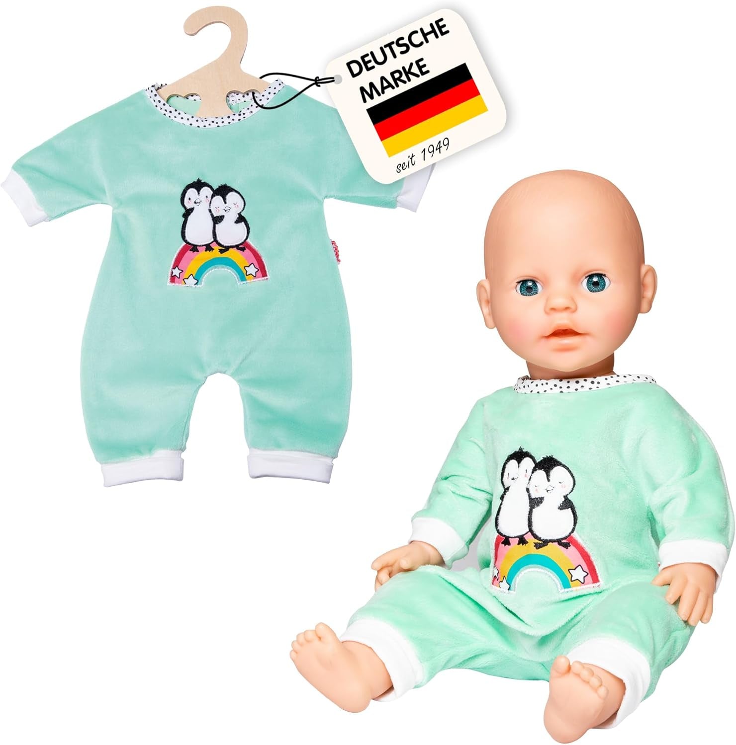 Heless 1181 - Kombinezon dla lalek w kropki w kształcie pingwina wykonany z miękkiego weluru z wysokiej jakości haftem Rozmiar 28-35cm