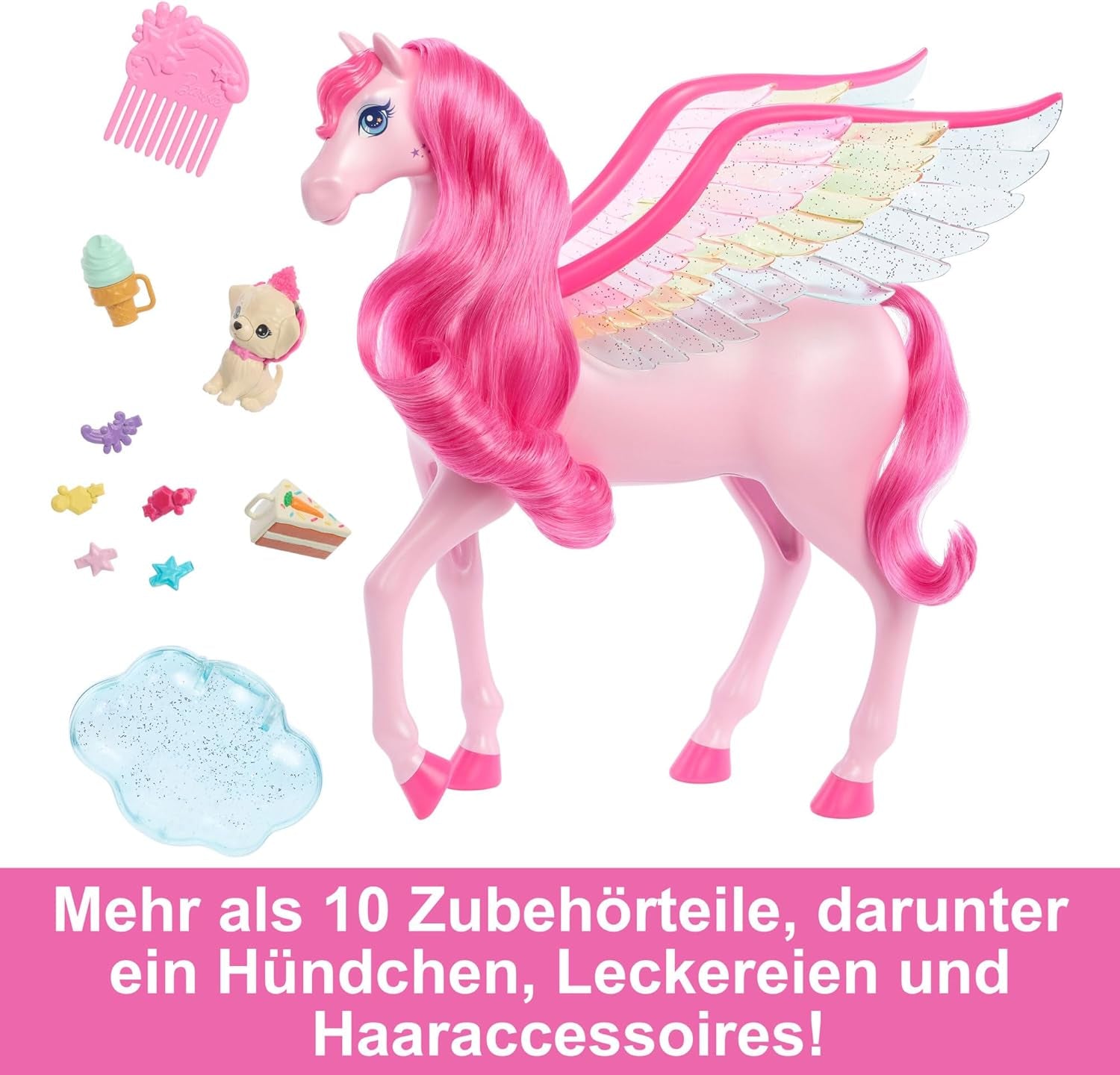 Barbie Pegasus Magiczna zabawa w chowanego - interaktywna zabawka ze światłami i dźwiękami, 10 akcesoriów, tęczowe skrzydła, dla dzieci w wieku od 3 lat, HLC41