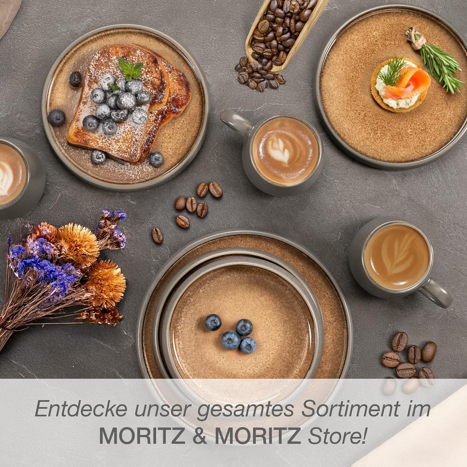 Moritz & Moritz SOLID 24-częściowy zestaw obiadowy z kamionki dla 6 osób - zestaw obiadowy dla 6 osób składający się z 6 talerzy obiadowych, 6 małych talerzy, 6 talerzy obiadowych i 6 filiżanek z uchwytami