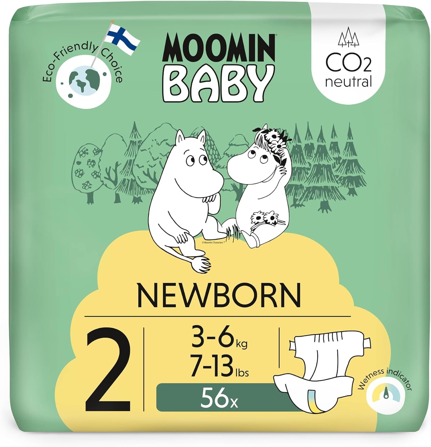 Pieluszki ekologiczne Muminki, rozmiar 3, 5-8kg, 48 sztuk, pieluszki Premium Soft | Miękkie i przyjazne dla skóry, oddychające, chłonne, bez zbędnych środków chemicznych |