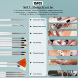 Zestaw do zdobienia paznokci i Nagelpinsel, Nageldesign Zubehör, Nagelset 5 Stk 2 Wege Punktierung Stift, 15 Malerei Polnisch Pinsel Set, 10 Streifenband, 4 Boxen Bunte Nagel Rhinestones Dekoration