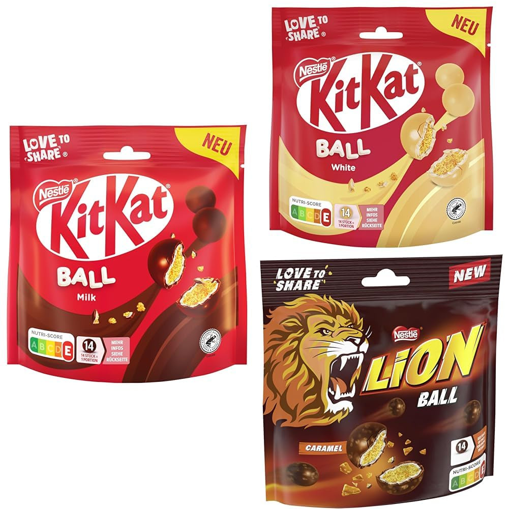 Opakowanie kulek Nestlé z mlekiem, białe, Karmelowy Lew (3 x 130g)