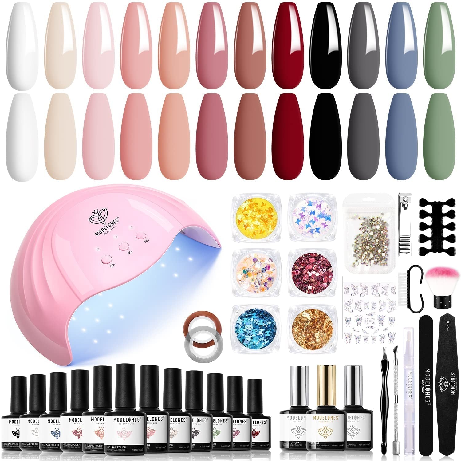 Modelones 35-częściowy zestaw żelowych lakierów do paznokci, zestaw lakierów UV do paznokci z lampą 48 W, zestaw lakierów żelowych w kolorze Nude Brown White Pink, zestaw lakierów żelowych UV do paznokci z warstwą wierzchnią Zestaw Studio paznokci