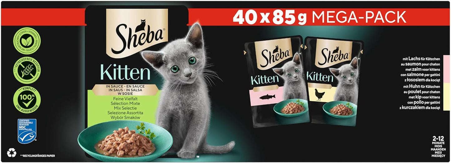 Sheba mokra karma dla kociąt, w różnych saszetkach, z łososiem (MSC) i kurczakiem w sosie, opakowanie zbiorcze 40x85g