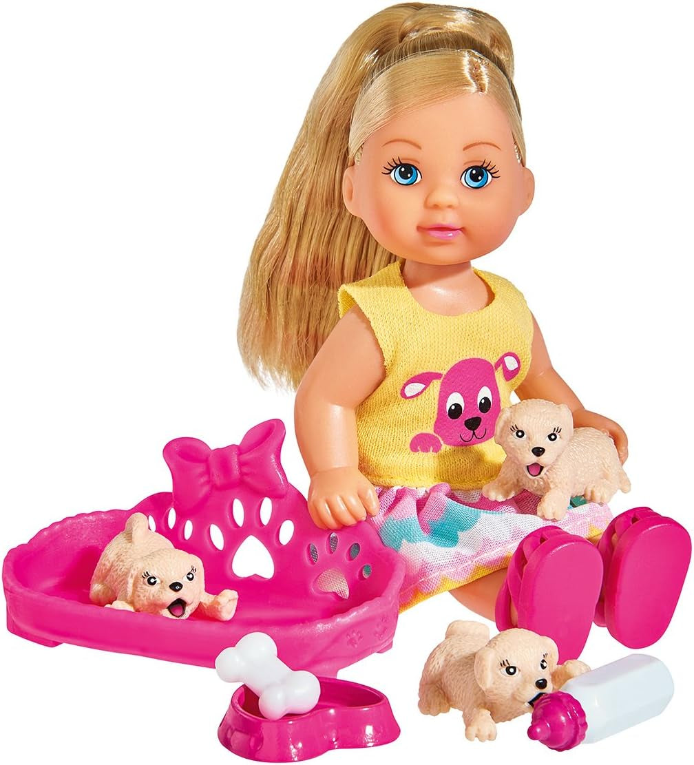 Simba 105733041 - Evi Love Puppy Love with TRZY szczenięta, z budką dla psa i akcesoriami, modna lalka, 12 cm, dla dzieci w wieku 3+