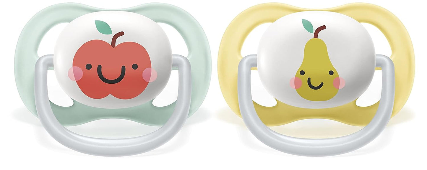 Smoczek Philips AVENT ultra air – 2 sztuki, niezawierający BPA, oddychający, dla dzieci w wieku 0–6 miesięcy, w zestawie etui i sterylizator, jabłko/gruszka (model SCF080/17)